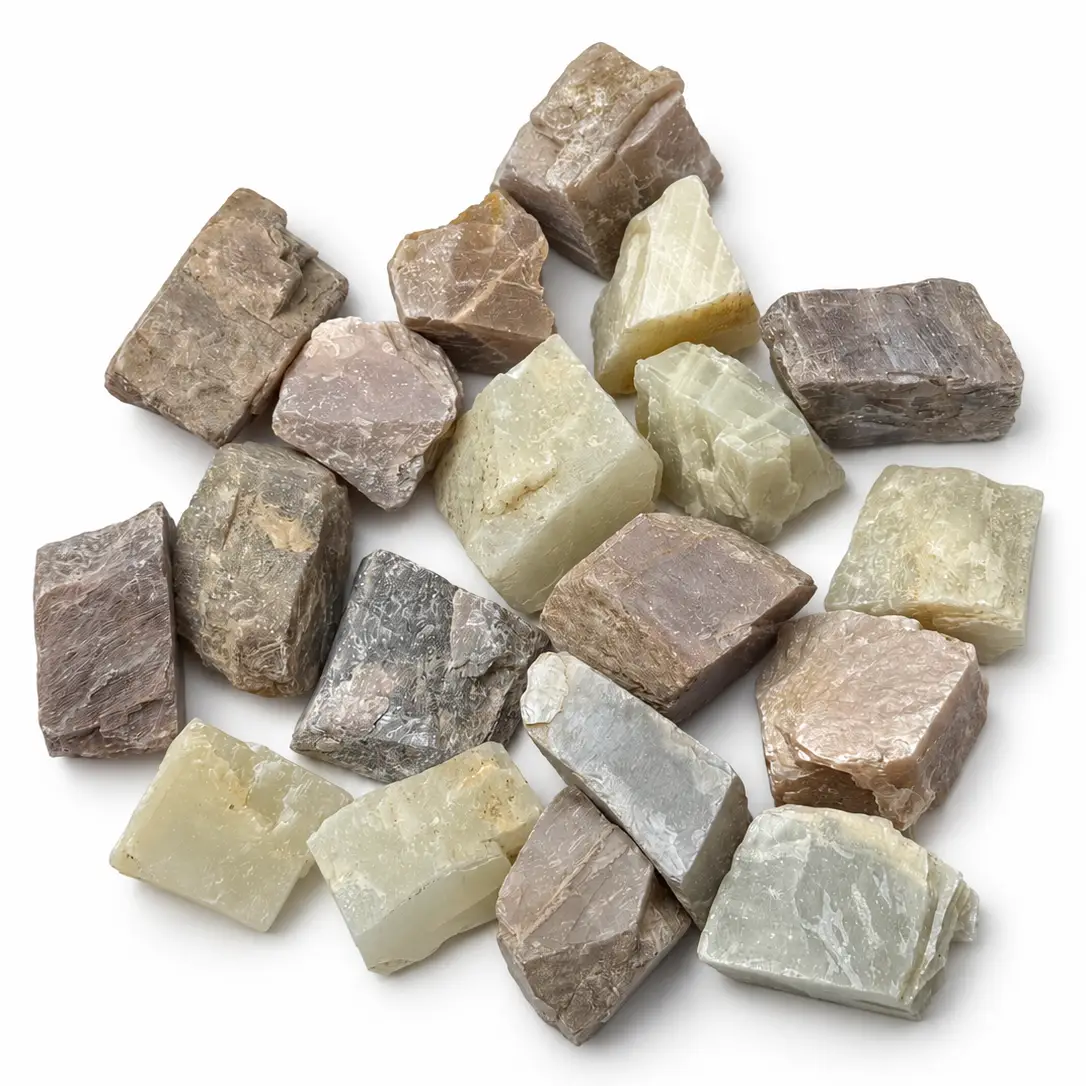 Kolekcja surowych kamieni mineralnych na bieli