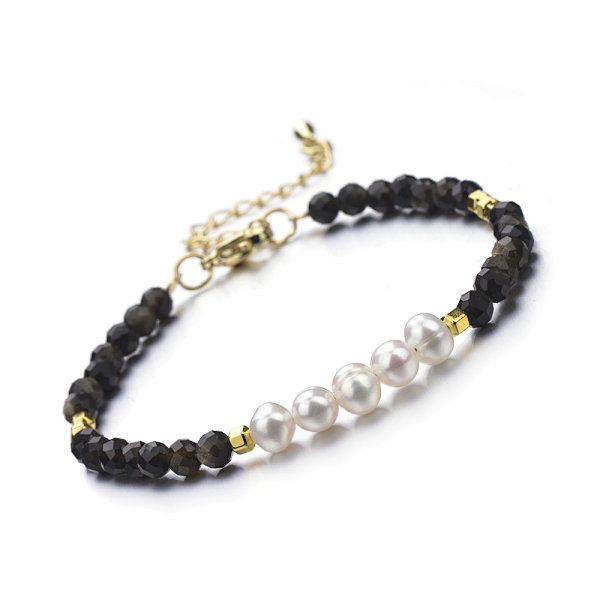 Czarny obsydia i perła słodkowodna - bransoletka