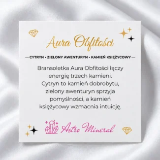 Karta z opisem właściwości kamieni dla bransoletki „Aura Obfitości”.