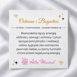 Karta z opisem właściwości kamieni dla bransoletki „Ochrona i Bogactwo”. 